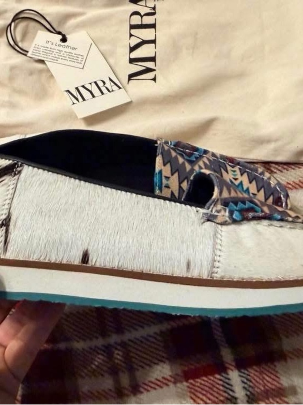 Myra Bag White Hair-On Leather Slip-On with Turquoise & Brown Aztec Accent